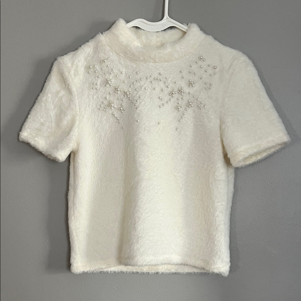 Zara Cream‎ Fuzzy Top with Pearl Details